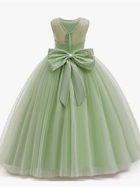 Sage Green Sequin Bodice Tulle Flower Girl Dress with Bow